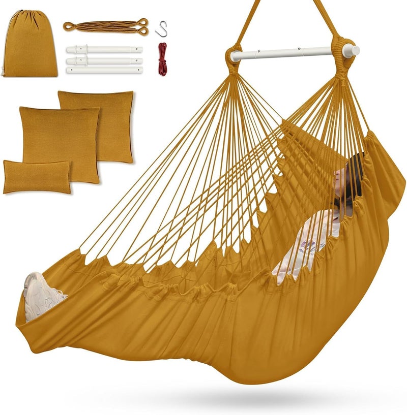 Outerman Hammock Chair, Hanging Chair with 3 Cushions and Foot Rest Support, Sturdy Metal Spreader Bar Max 500Lbs, Swing Chair for Bedroom, Indoor & Outdoor, Patio, Porch or Tree（Khaki） - Image 1